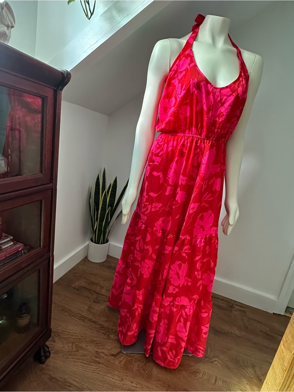 Pretty Garden Halter Maxi Dress in Bright Fuchsia Pink